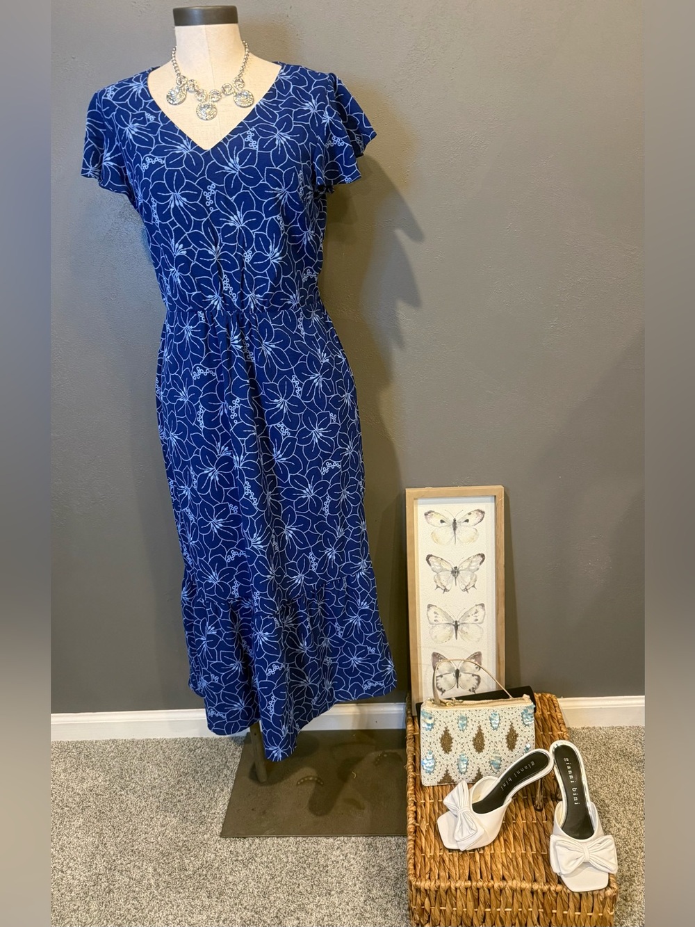Ronni Nicole Blue Floral Dress with White Print
